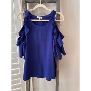 Umgee Royal Blue blouse womens medium ruffled cold shoulder short sleeve